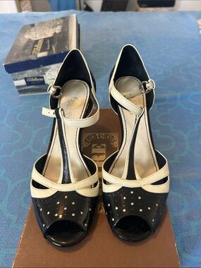 Black and Cream T-Strap Peep-Toe Heels